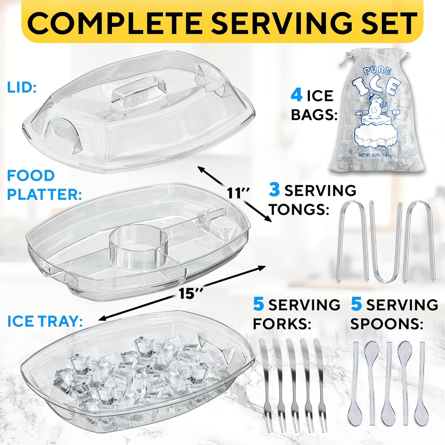 Chilled Serving Tray with Ice - Premium Cold Platter for Parties w/ 4 Compartments - Functional Design w/Lid & Dip Holder - Perfect for Fruits, Veggies, Shrimp Cocktail - Keeps Food Cool & Fresh